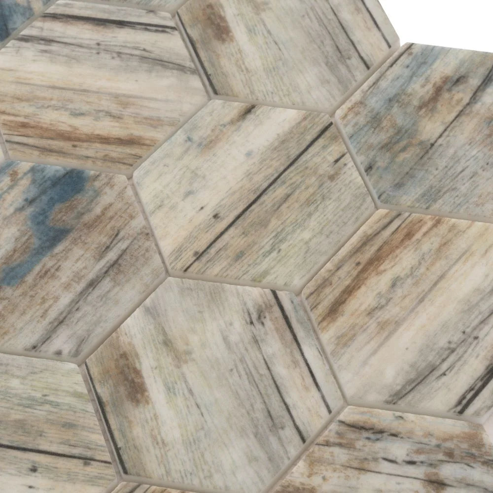 Recycled Glass Hexagon Mosaic In Blue Wood Color | Tile Club