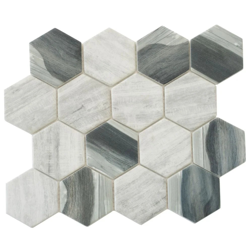 Recycled Glass Hexagon Mosaic In Grey Wood Color | Tile Club