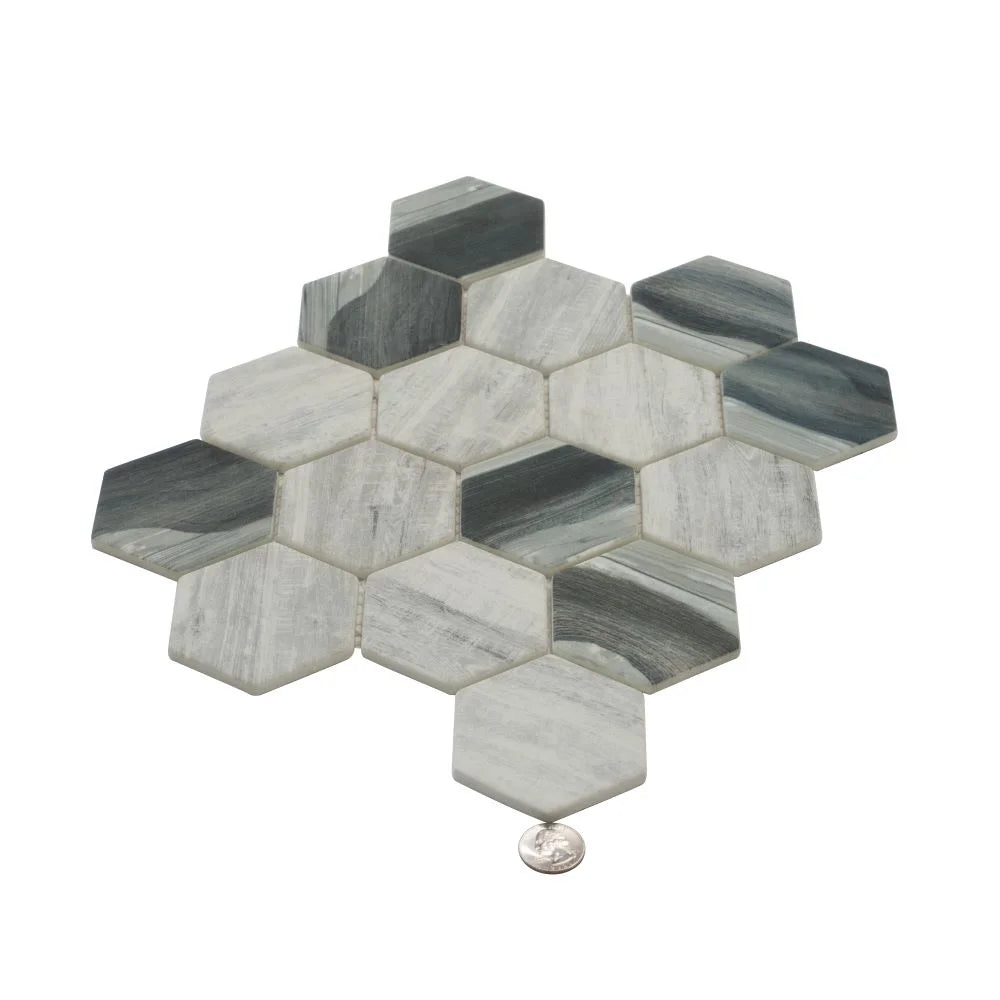 Recycled Glass Hexagon Mosaic In Grey Wood Color | Tile Club