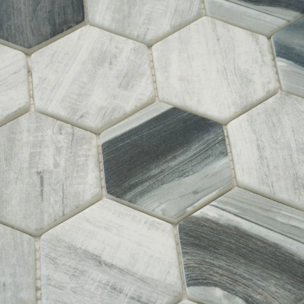Recycled Glass Hexagon Mosaic In Grey Wood Color | Tile Club