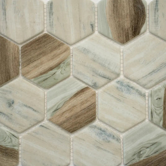 Recycled Glass Hexagon Mosaic In Wood Color | Tile Club