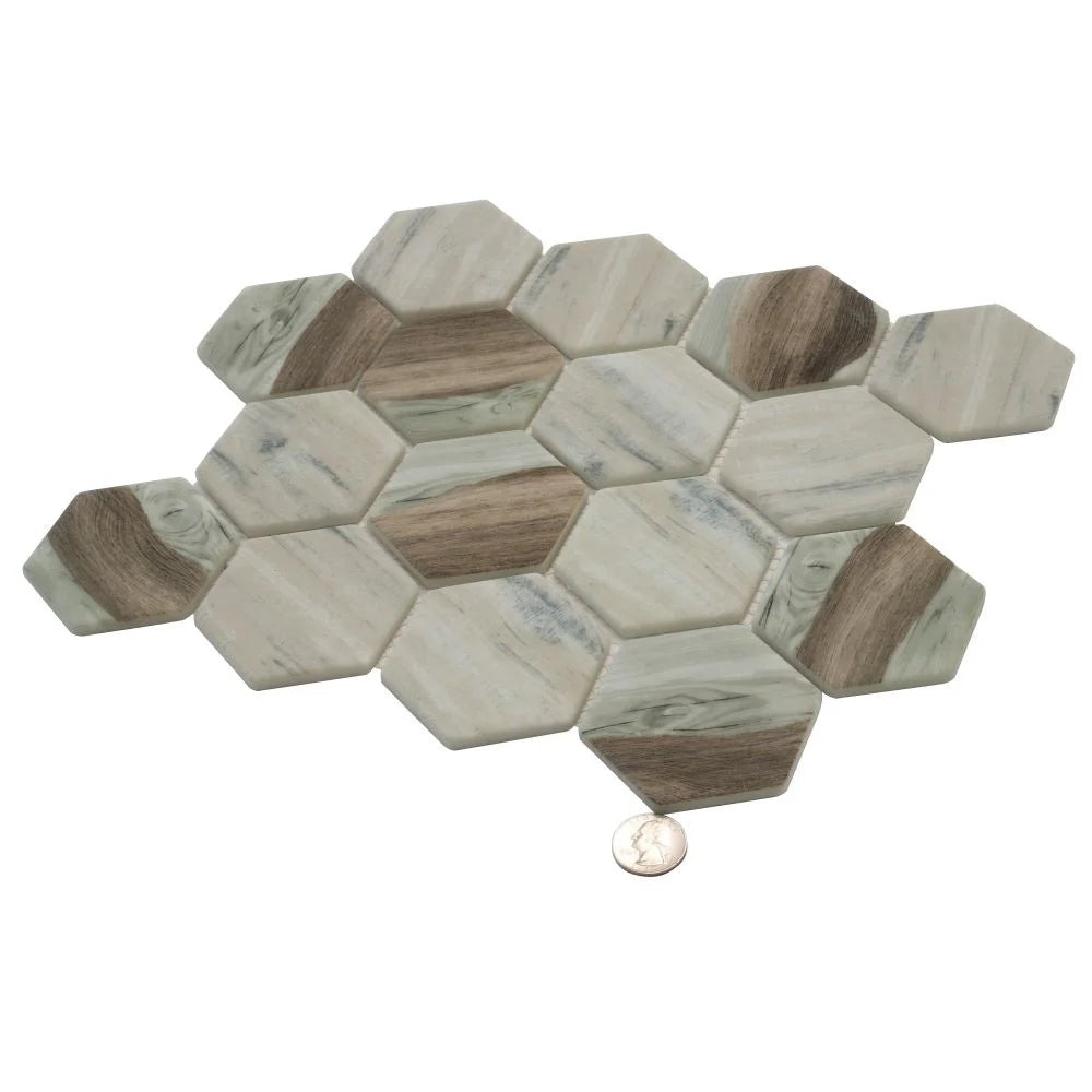 Recycled Glass Hexagon Mosaic In Wood Color | Tile Club
