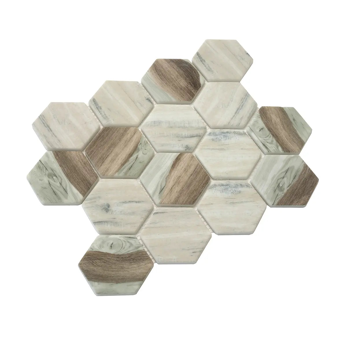 Recycled Glass Hexagon Mosaic In Wood Color