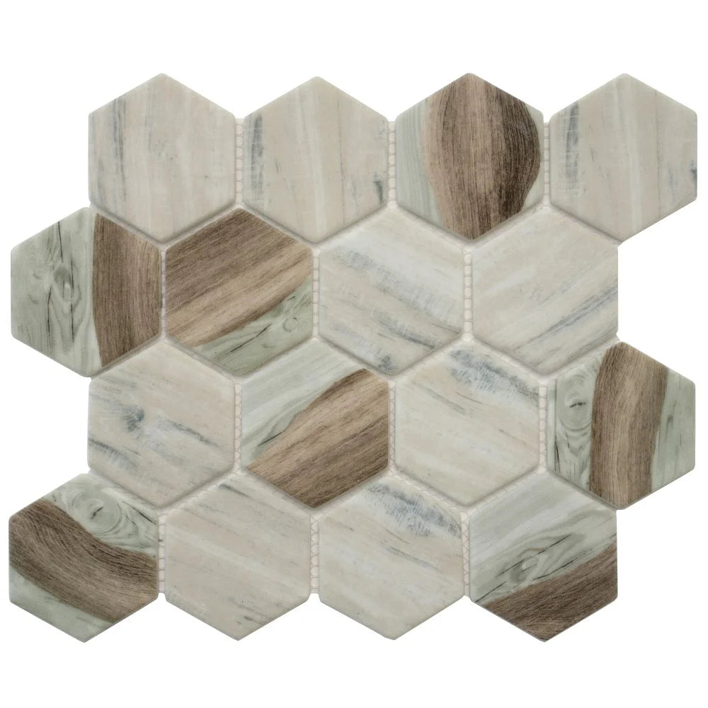 Recycled Glass Hexagon Mosaic In Wood Color | Tile Club