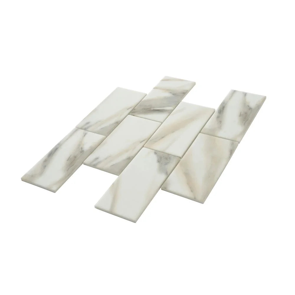Recycled Glass Subway Mosaic Tile In Calacatta Marble Color | Tile Club