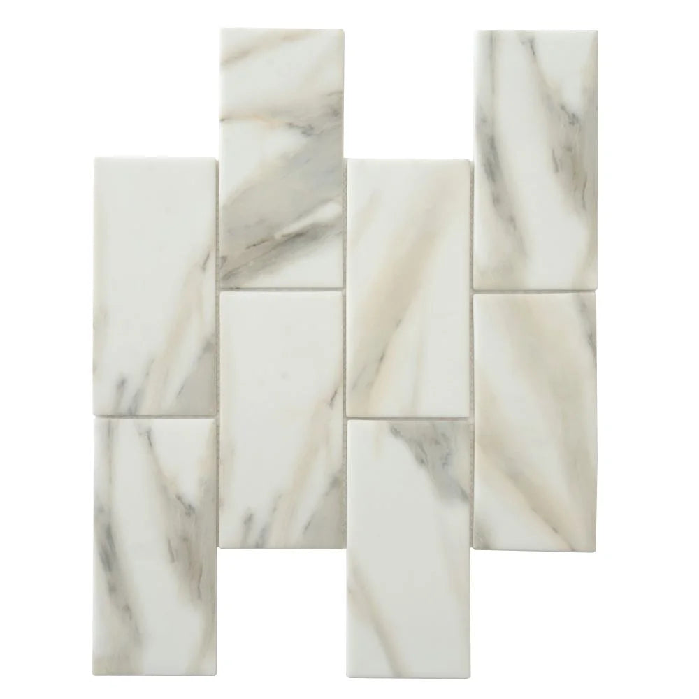 Recycled Glass Subway Mosaic Tile In Calacatta Marble Color | Tile Club