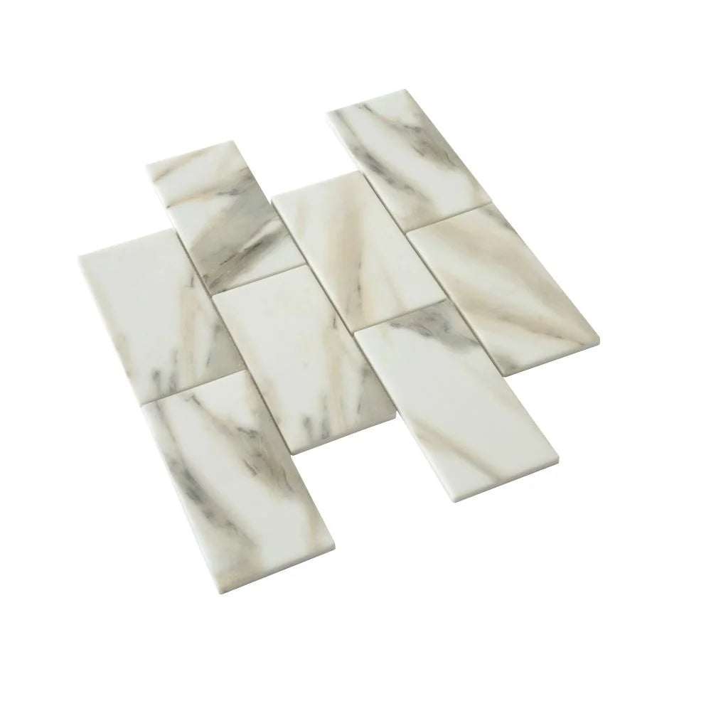 Recycled Glass Subway Mosaic Tile In Calacatta Marble Color | Tile Club