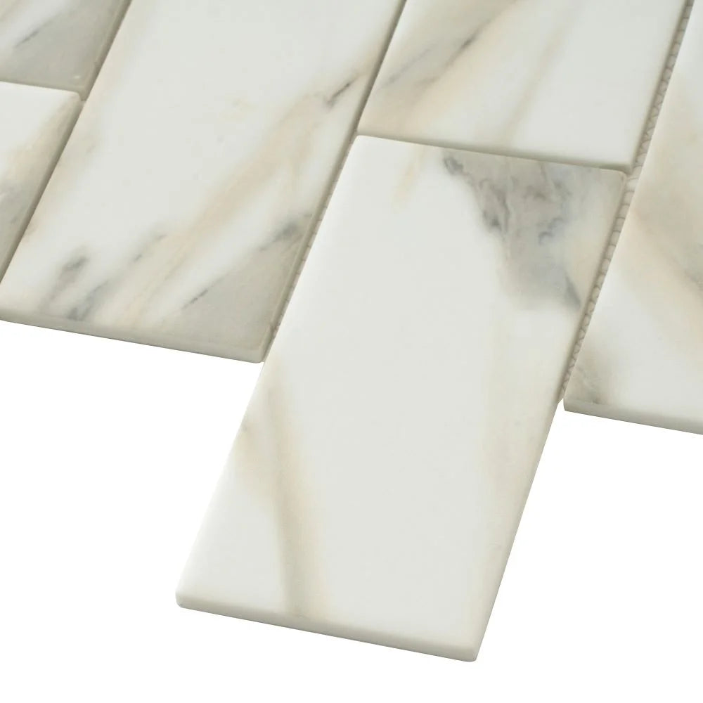 Recycled Glass Subway Mosaic Tile In Calacatta Marble Color | Tile Club