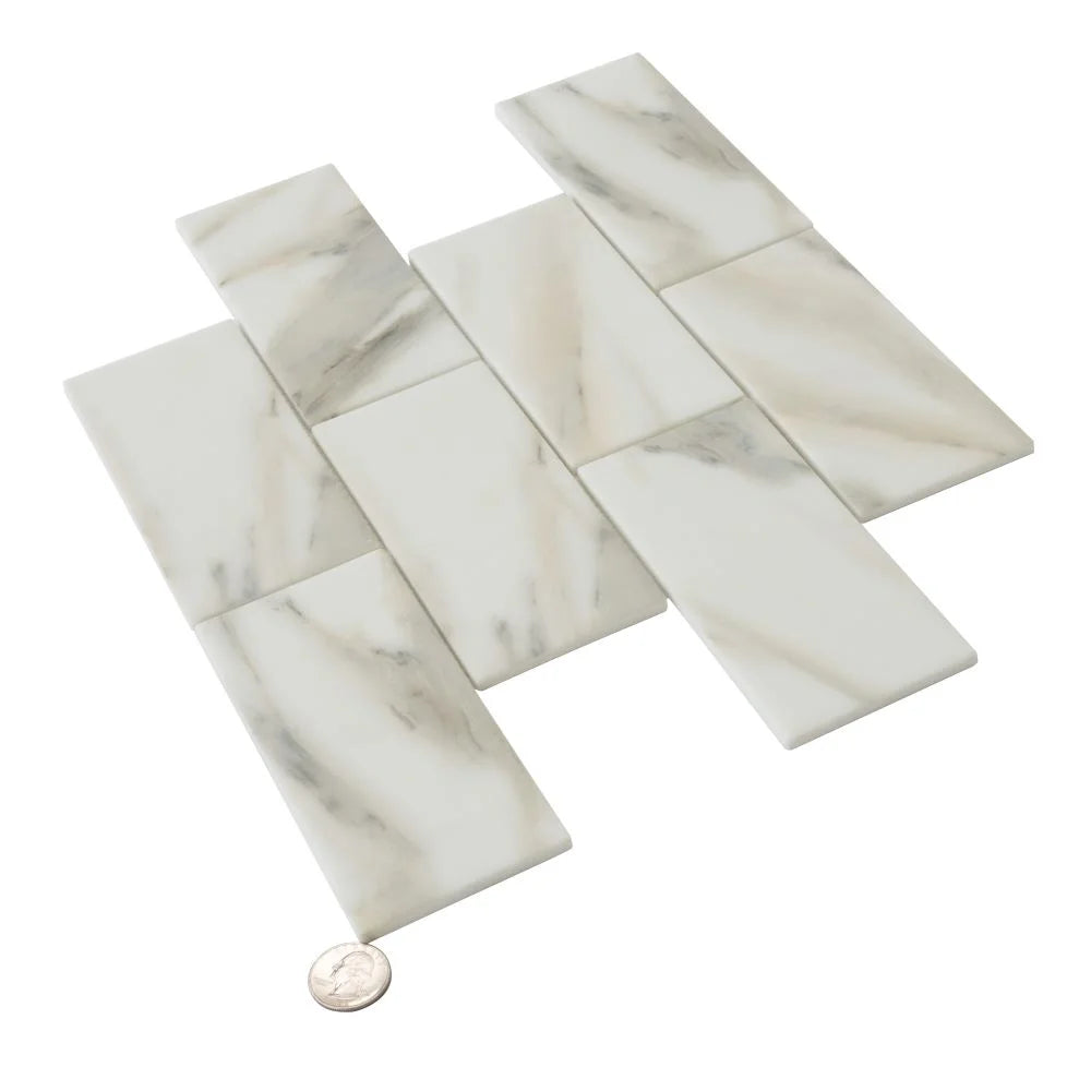 Recycled Glass Subway Mosaic Tile In Calacatta Marble Color | Tile Club