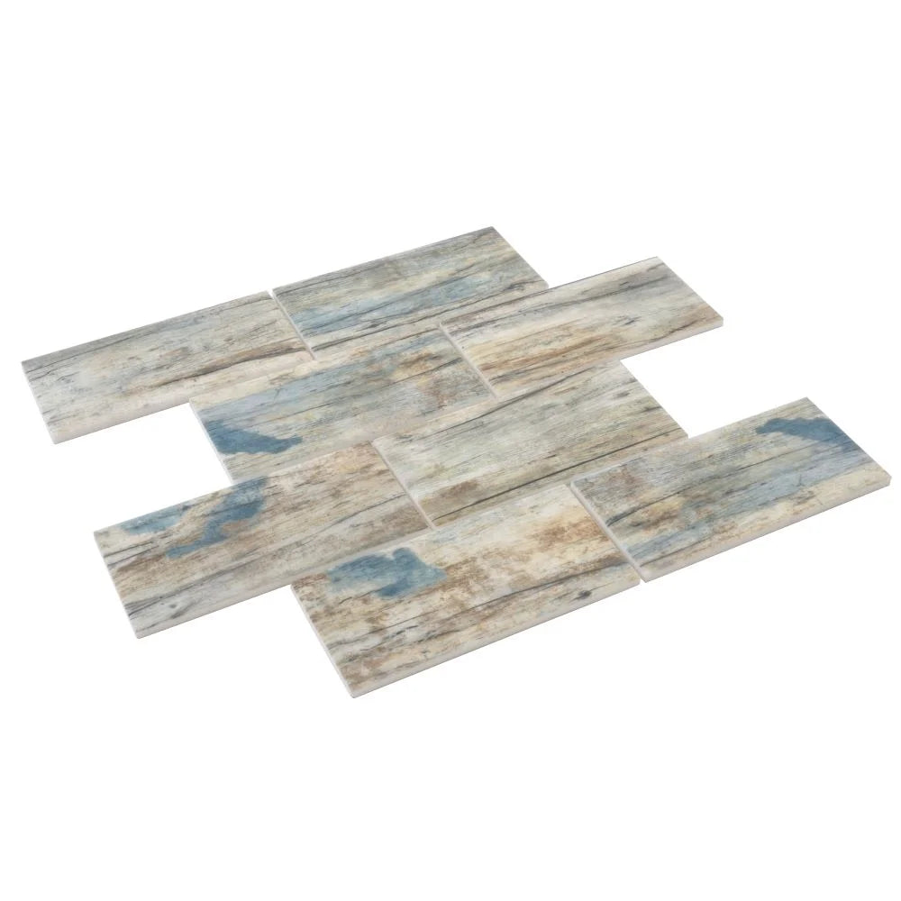 Recycled Glass Subway Mosaic Tile In Blue Wood Color | Tile Club