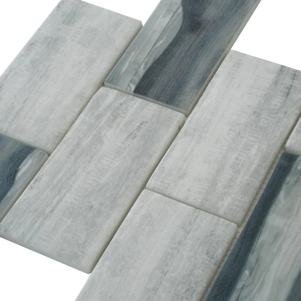 Recycled Glass Subway Mosaic Tile In Gray Wood Color | Tile Club