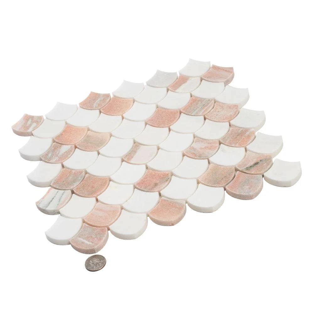 Norwegian Rose and Thassos Mini Scale Marble Mosaic Tile | Tile Club