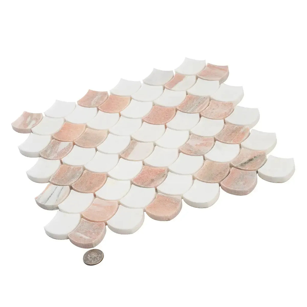 Norwegian Rose and Thassos Mini Scale Marble Mosaic Tile | Tile Club