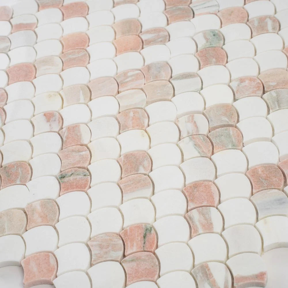 Norwegian Rose and Thassos Mini Scale Marble Mosaic Tile | Tile Club
