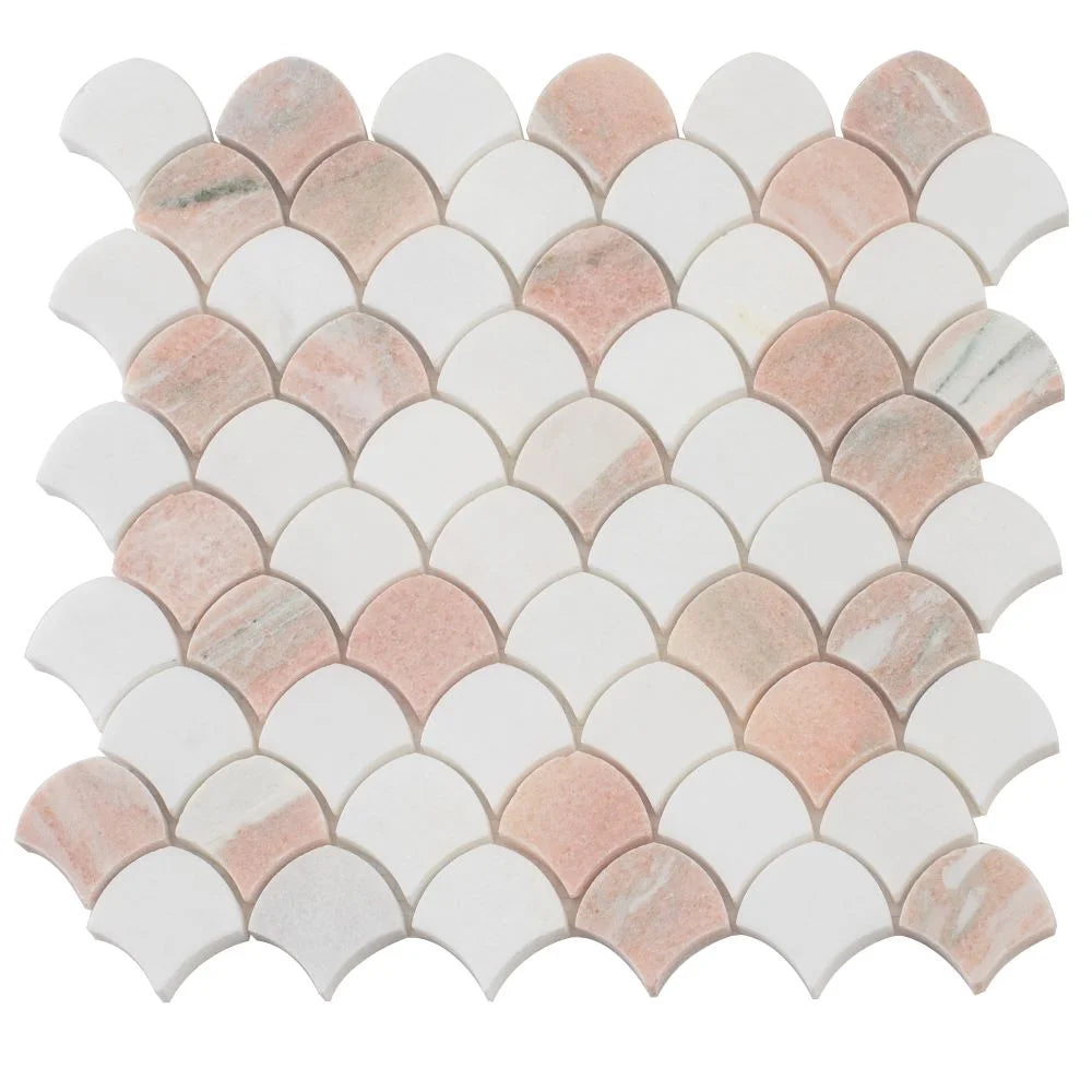 Norwegian Rose and Thassos Mini Scale Marble Mosaic Tile | Tile Club
