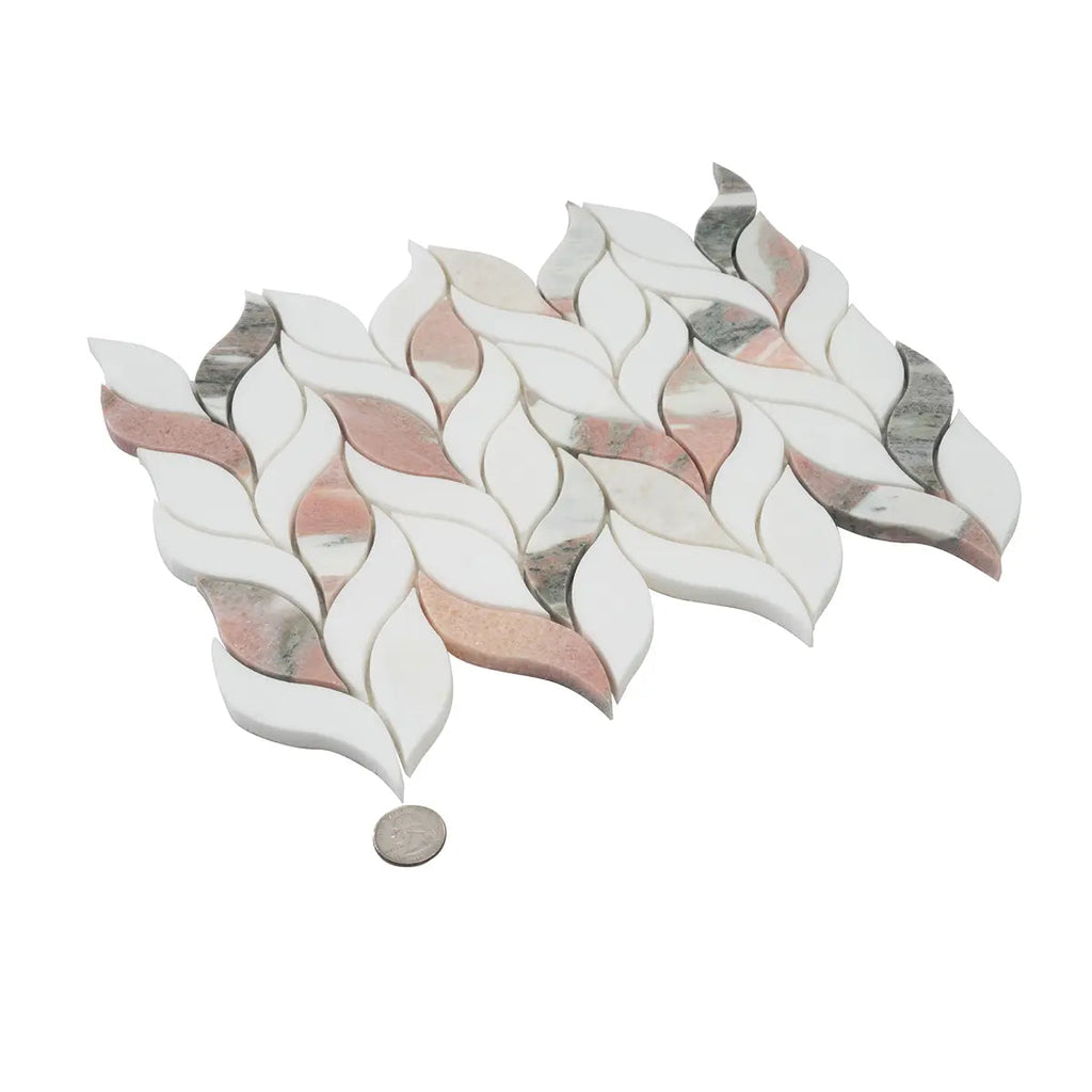 Norwegian Rose Pink and White Leaf Marble Mosaic Tile | Tile Club
