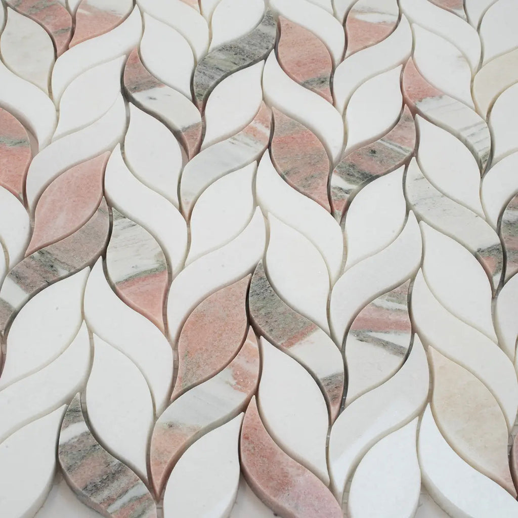 Norwegian Rose Pink and White Leaf Marble Mosaic Tile | Tile Club