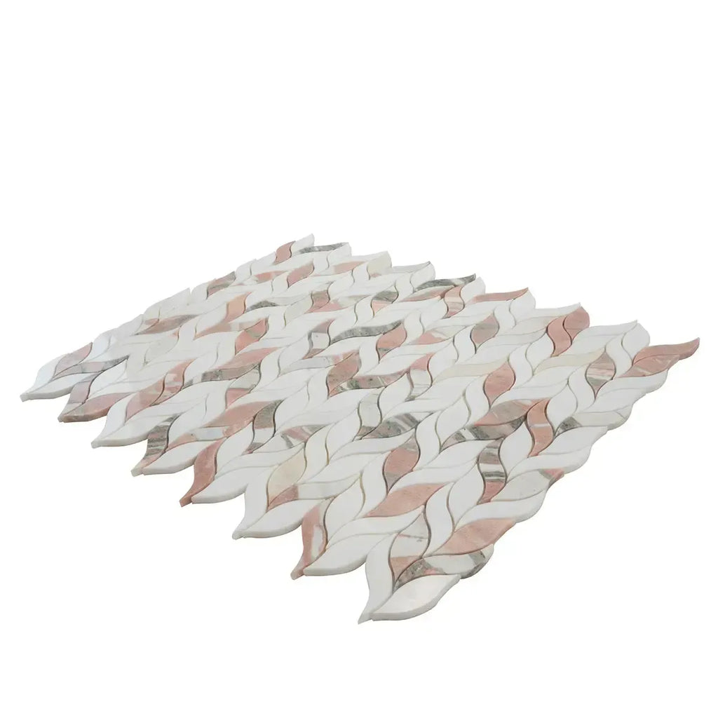 Norwegian Rose Pink and White Leaf Marble Mosaic Tile | Tile Club