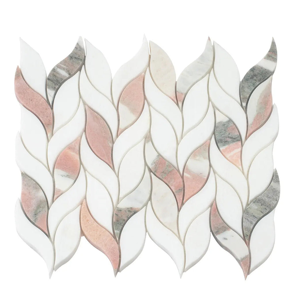 Norwegian Rose Pink and White Leaf Marble Mosaic Tile | Tile Club