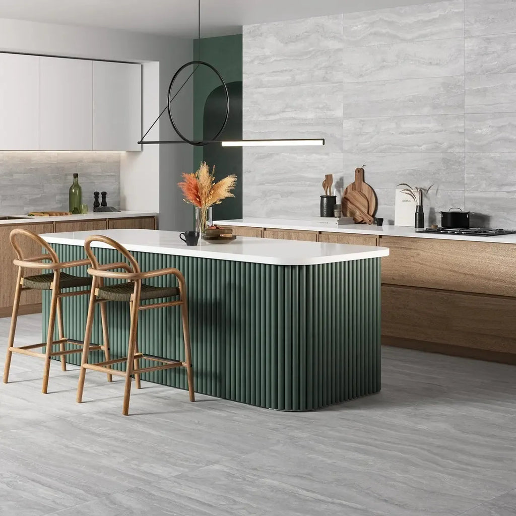 Novato Grigio 24x48 Travertine Porcelain Tile Modern Kitchen