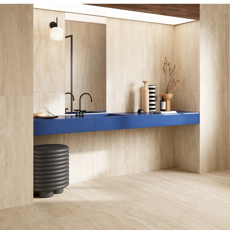 Navo Sabbia 24x48 Travertine Porcelain Tile Bathroom