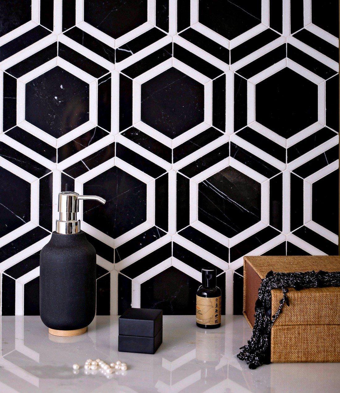 black and white marble hexagon tile