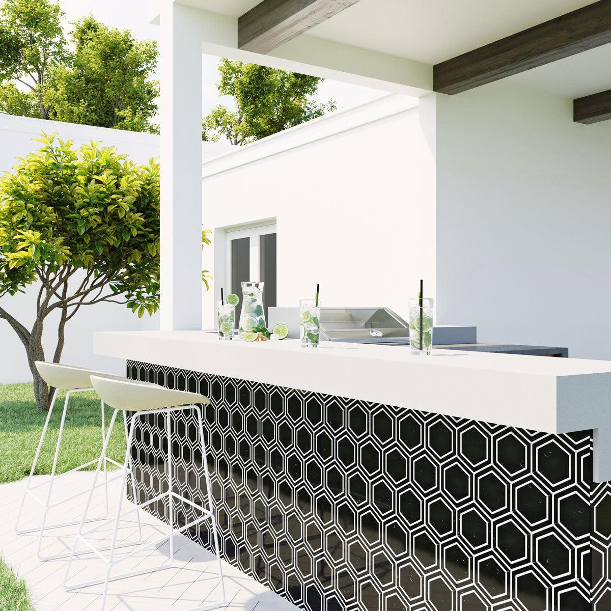 Black and White Marble Hexagon Outdoor Tiled Bar