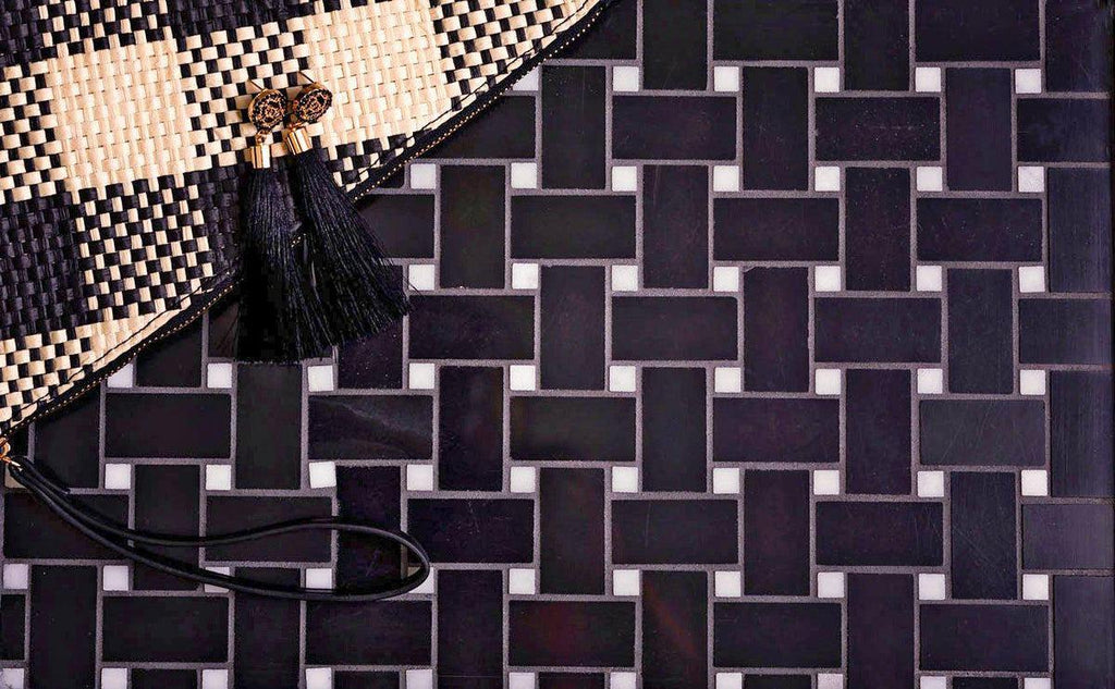 Nero Marquina Basket Weave With White Dot Marble Mosaic Tile