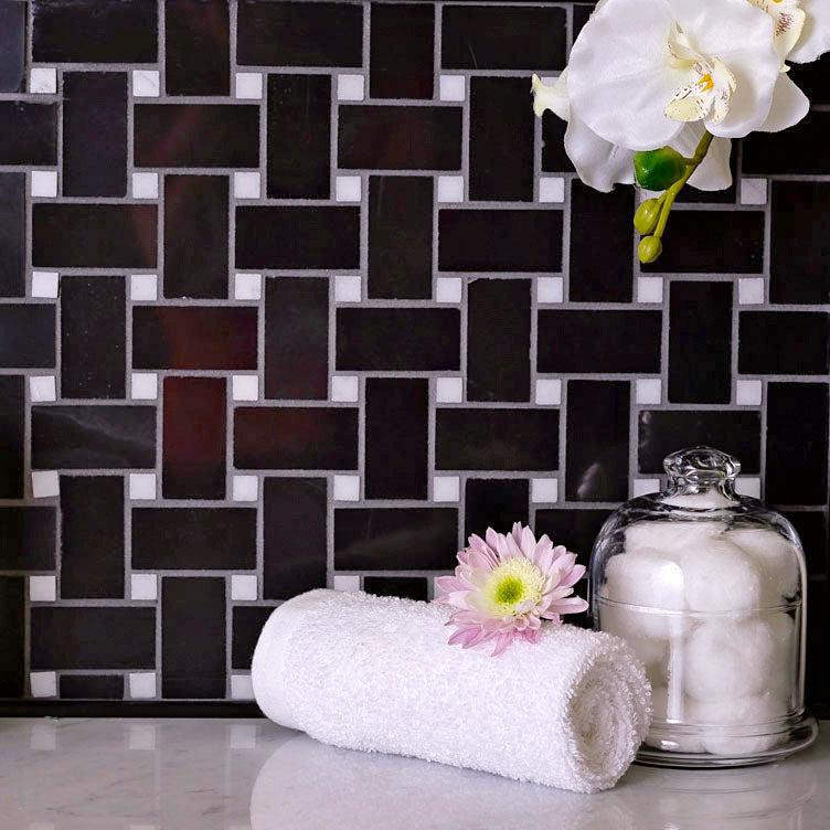 Nero Marquina Basket Weave With White Dot Marble Mosaic Tile