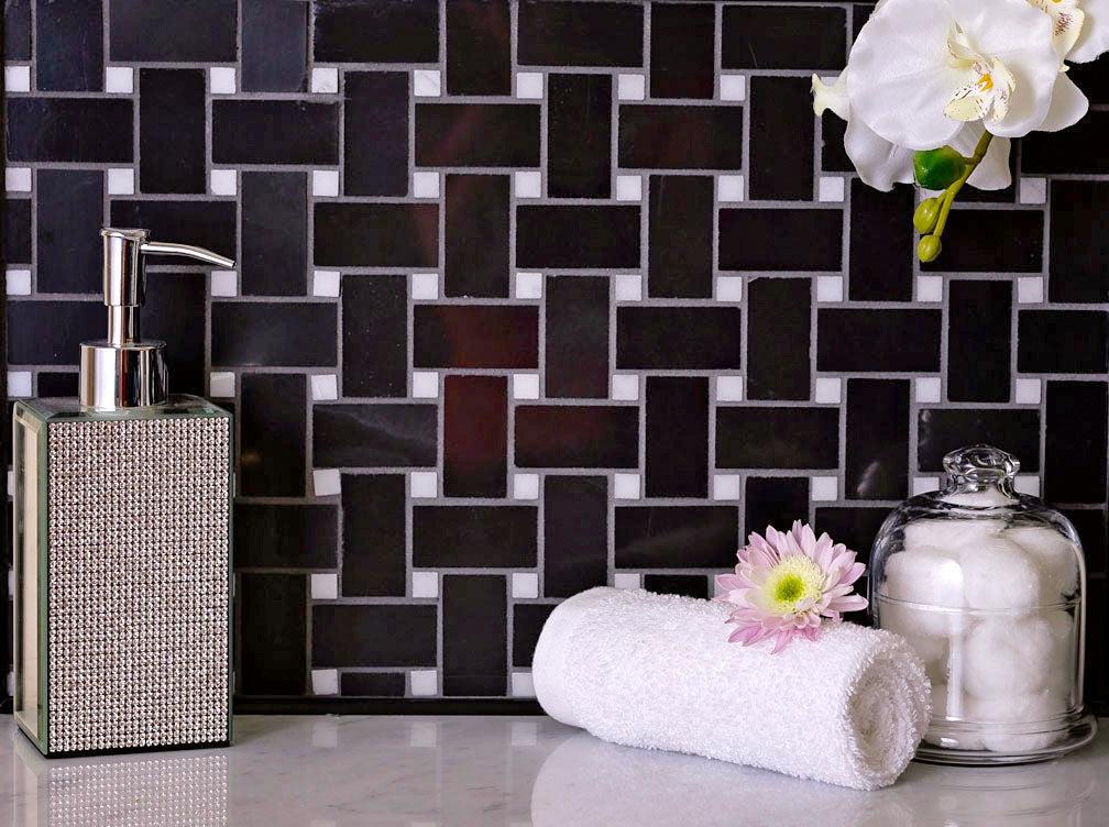 Nero Marquina Basket Weave With White Dot Marble Mosaic Tile