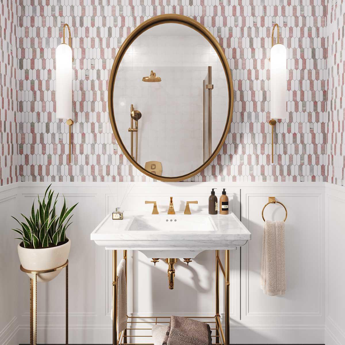 Pink marble tile bathroom wall design with Norwegian Rose and Thassos pickets