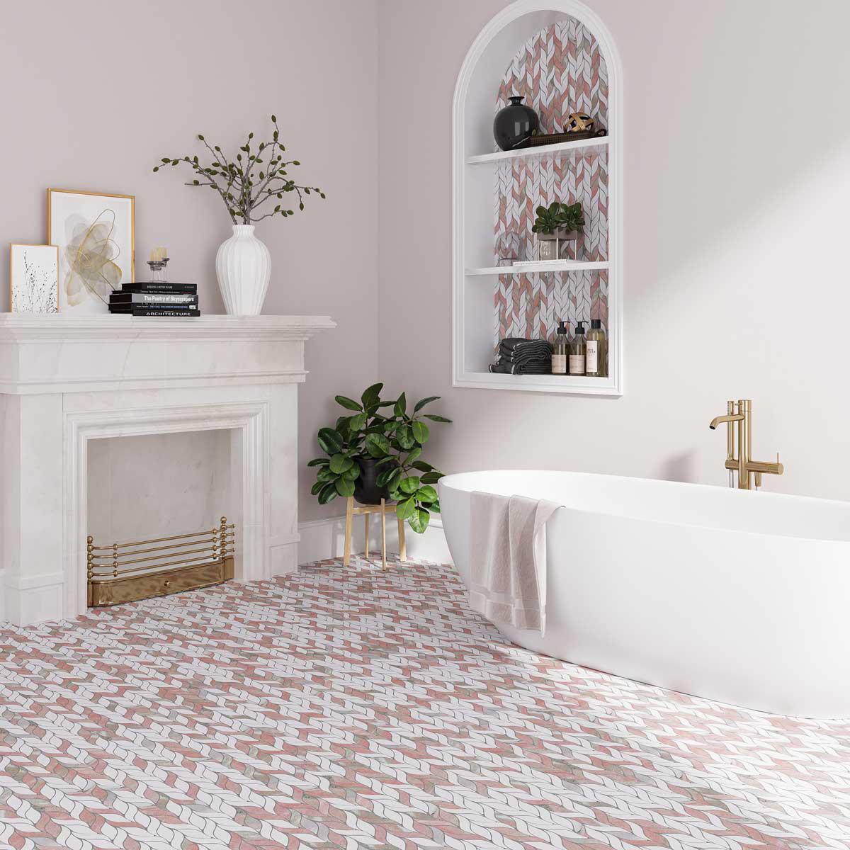 Norwegian Rose Pink and White Leaf Marble Mosaic Tile