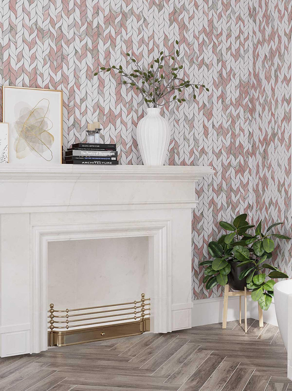 Norwegian Rose Pink and White Leaf Marble Mosaic Tile