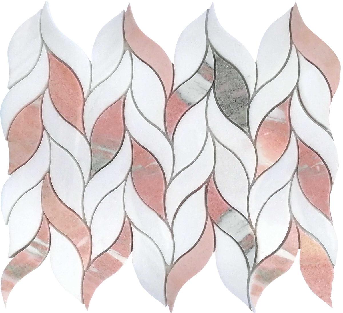 Norwegian Rose Pink and White Leaf Marble Mosaic Tile Sample