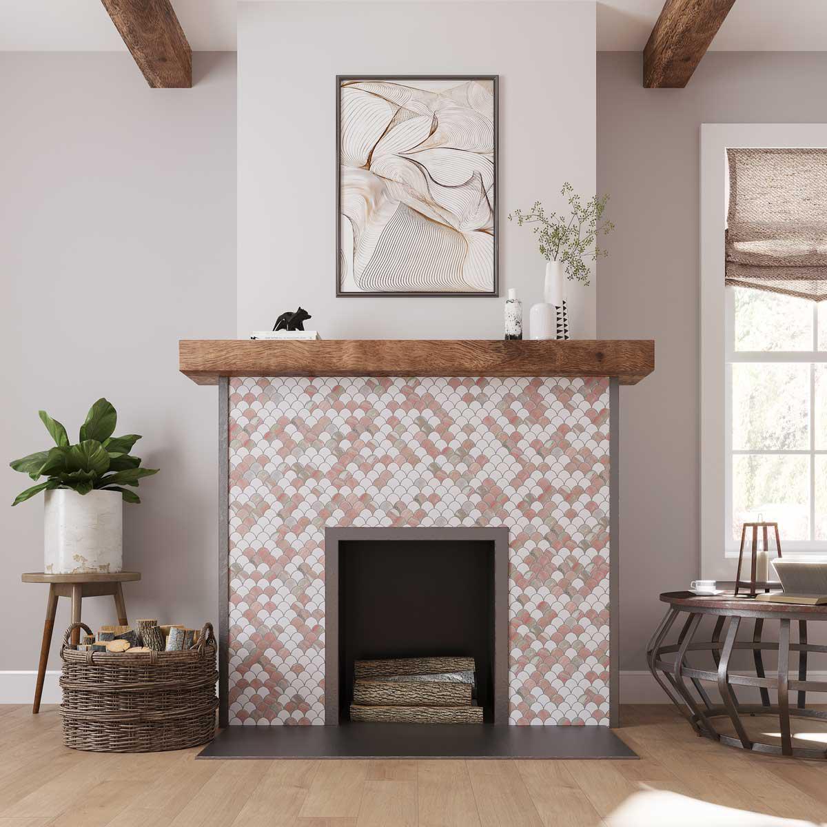 Scandinavian living room design with Norwegian Rose pink marble tile fireplace surround