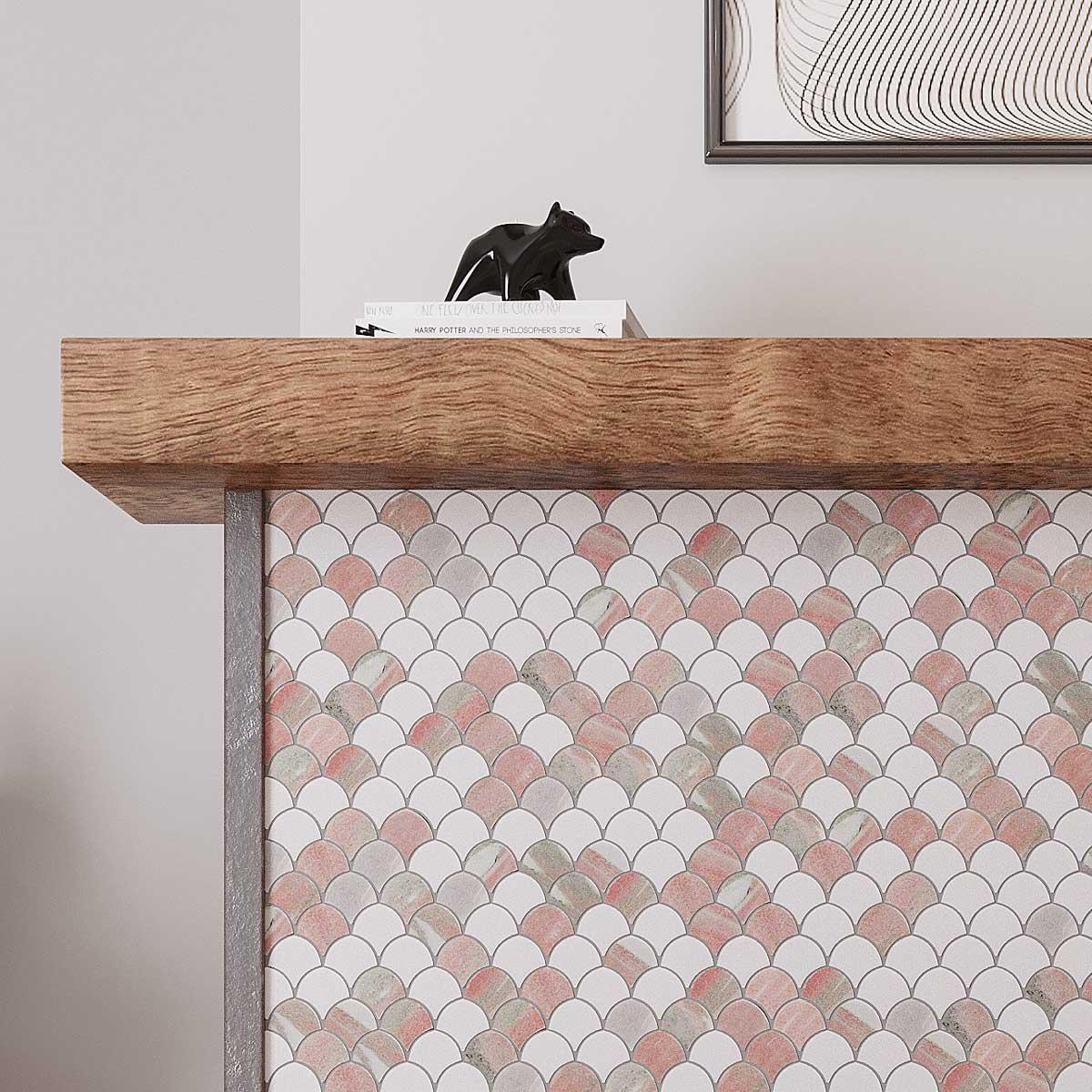 Pink marble scale tile for a Scandinavian living room fireplace design