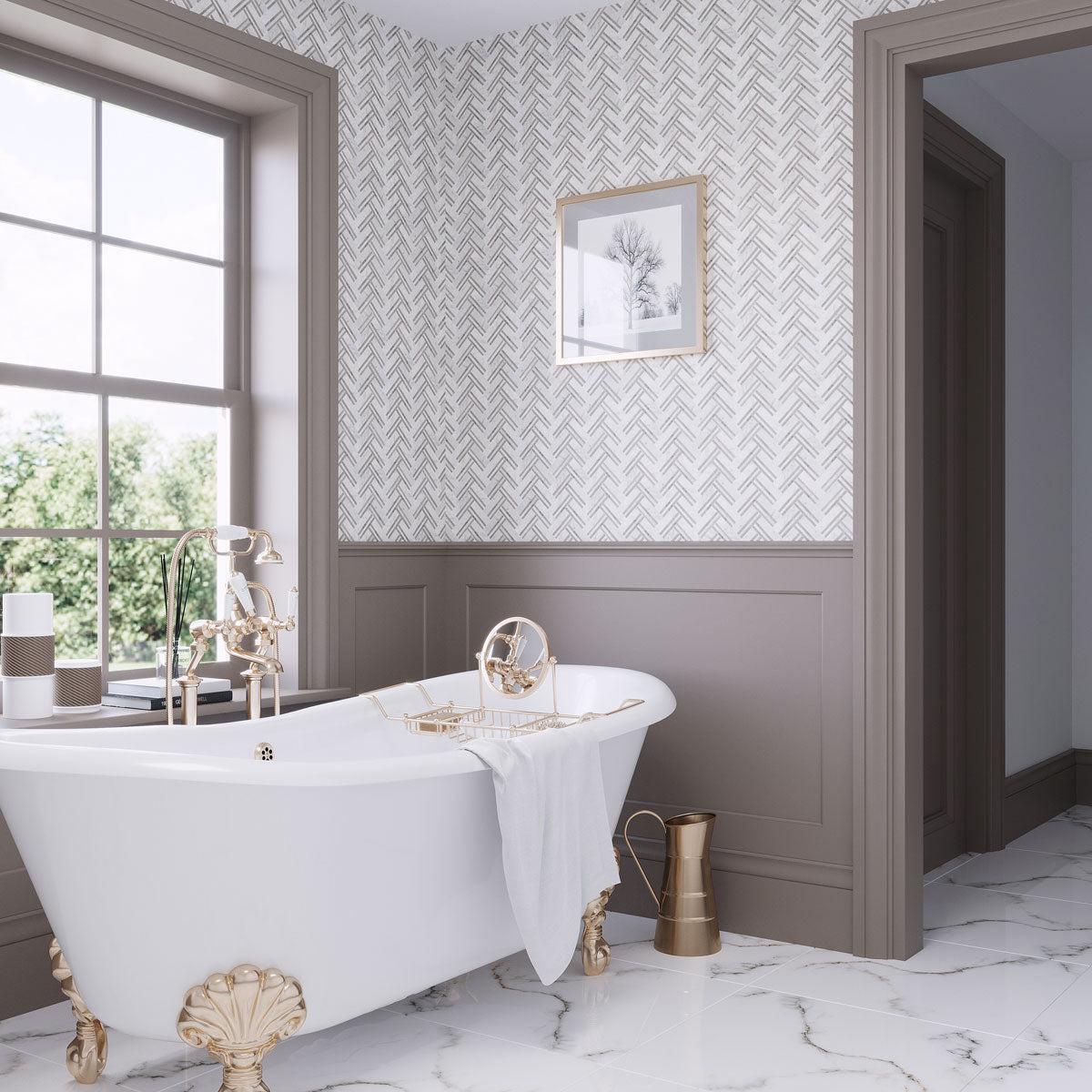 Bathroom with Nova Herringbone Beige Marble Tile Walls instead of Patterned Wallpaper