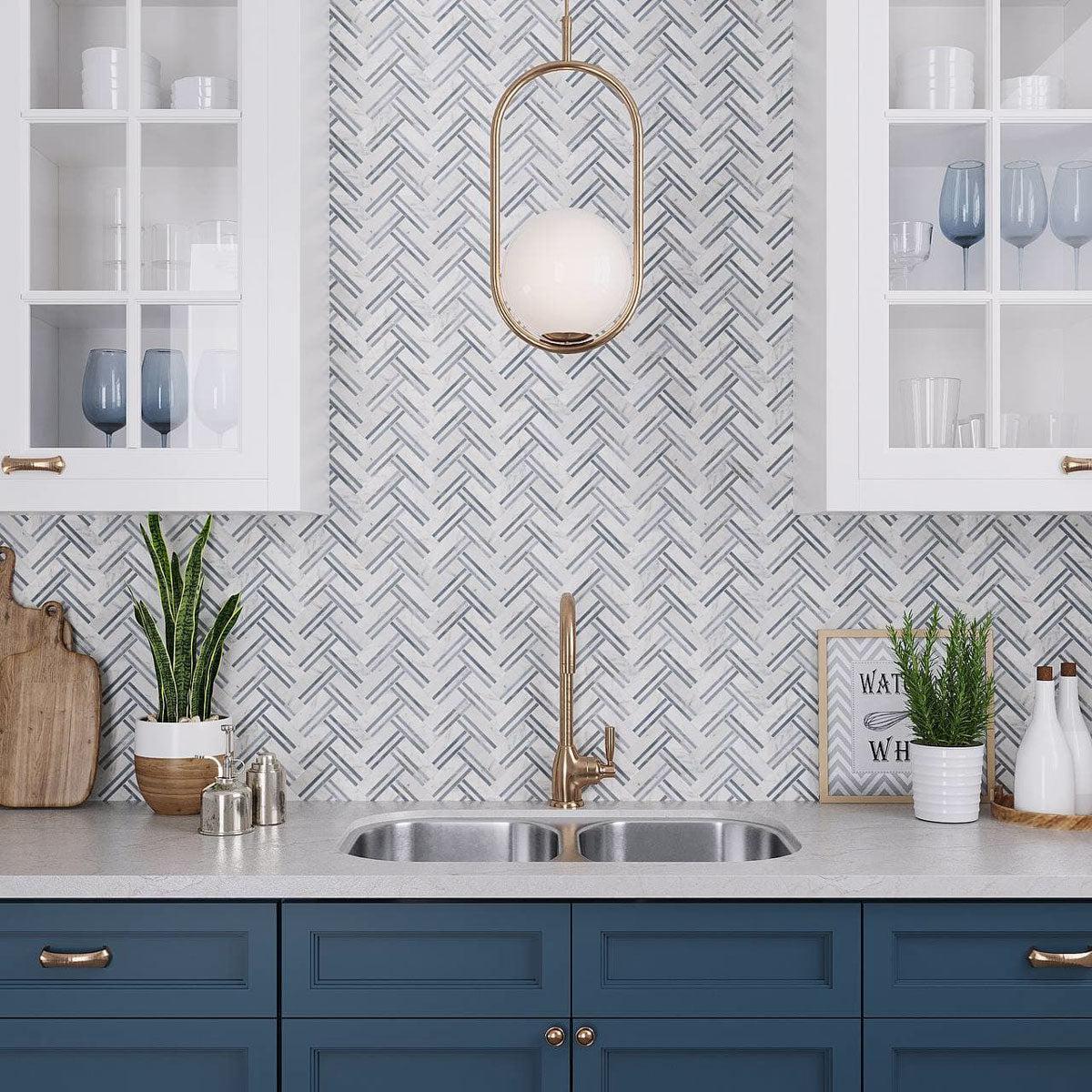 Blue and White Kitchen with Patterned Backsplash in Nova Herringbone Blue Marble Tile | Tile Club