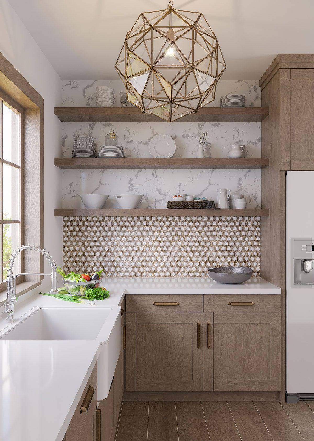 Rustic Farmhouse Kitchen with Wood Look Hexagon Tile Backsplash