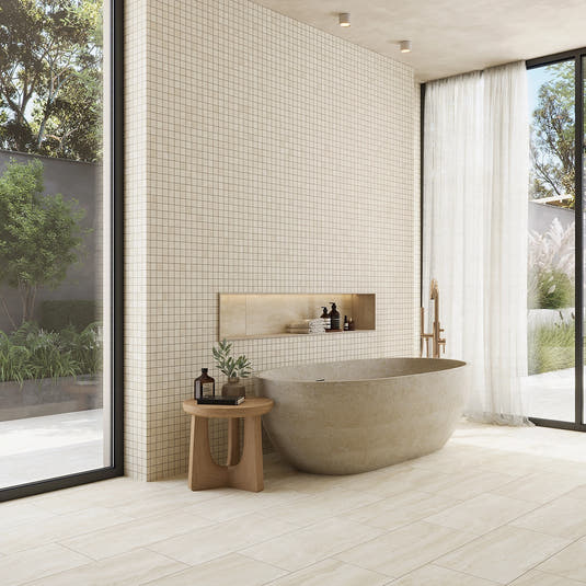 Novato Sabbia Porcelain Travertine Tile Mosaic 12x12 | Tile Club