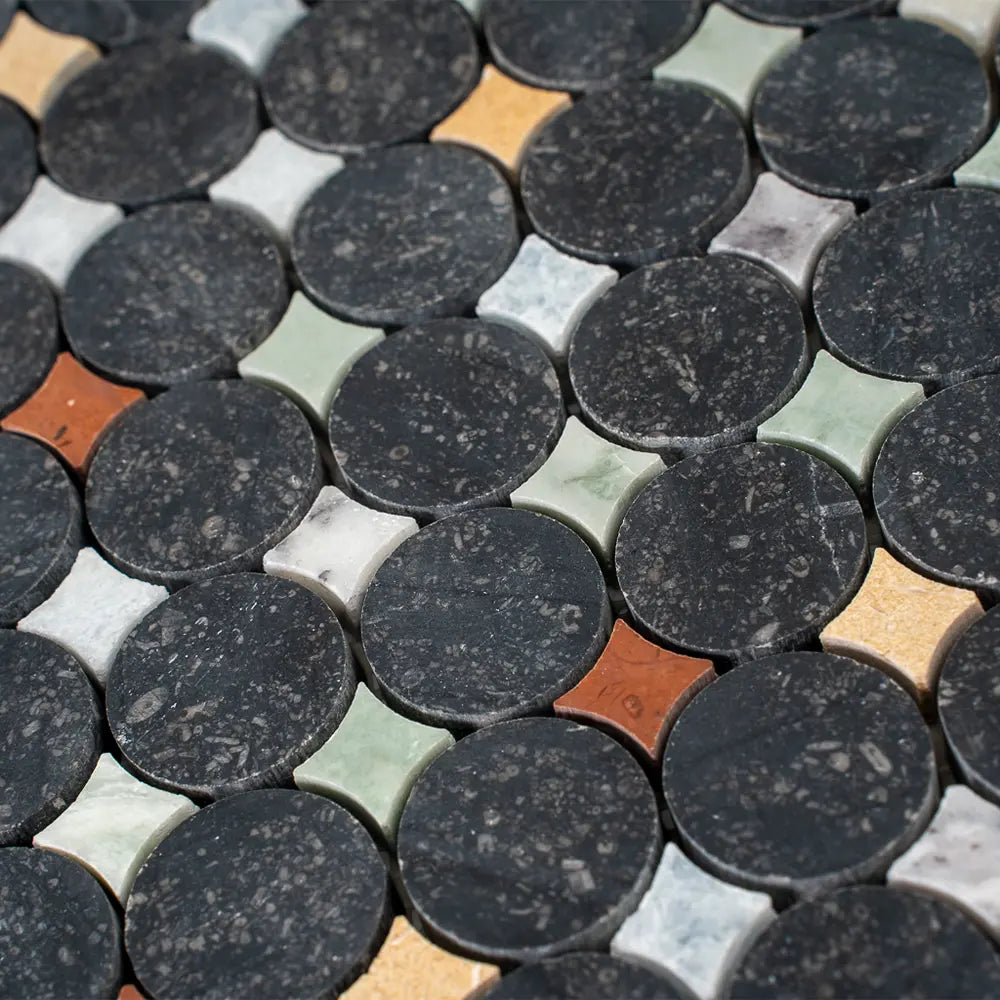 Black and White Starry Night Penny Round Marble Mosaic Tile | Tile Club