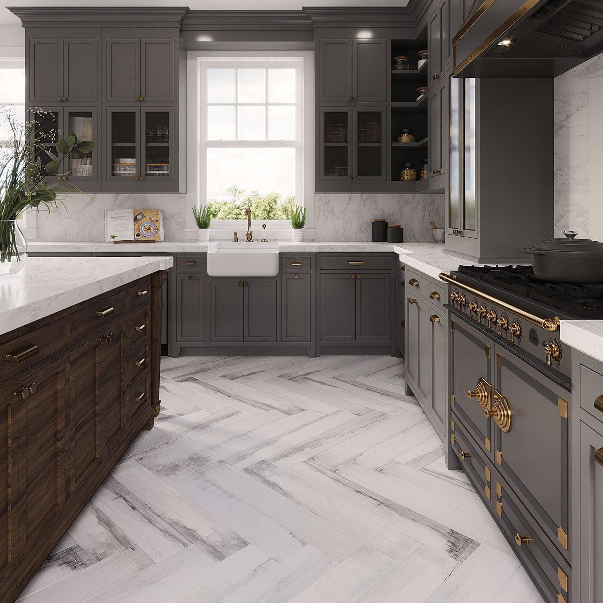 Kitchen Floor with Olson Gris Wood Look Porcelain Tiles in Gray