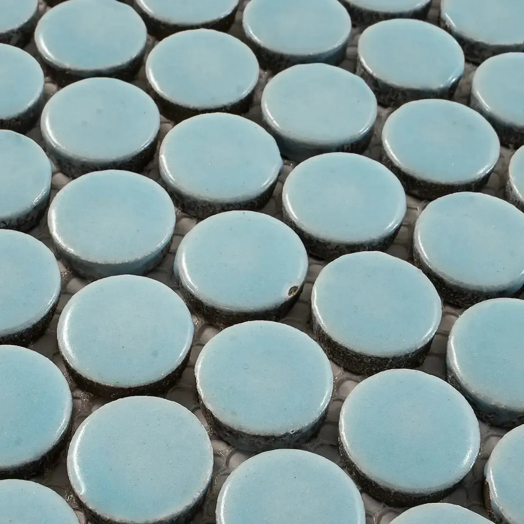 Blue Tile Pattern Rounded Light Blue Buttons Porcelain Penny Round Tile | Colorful Backsplash ...