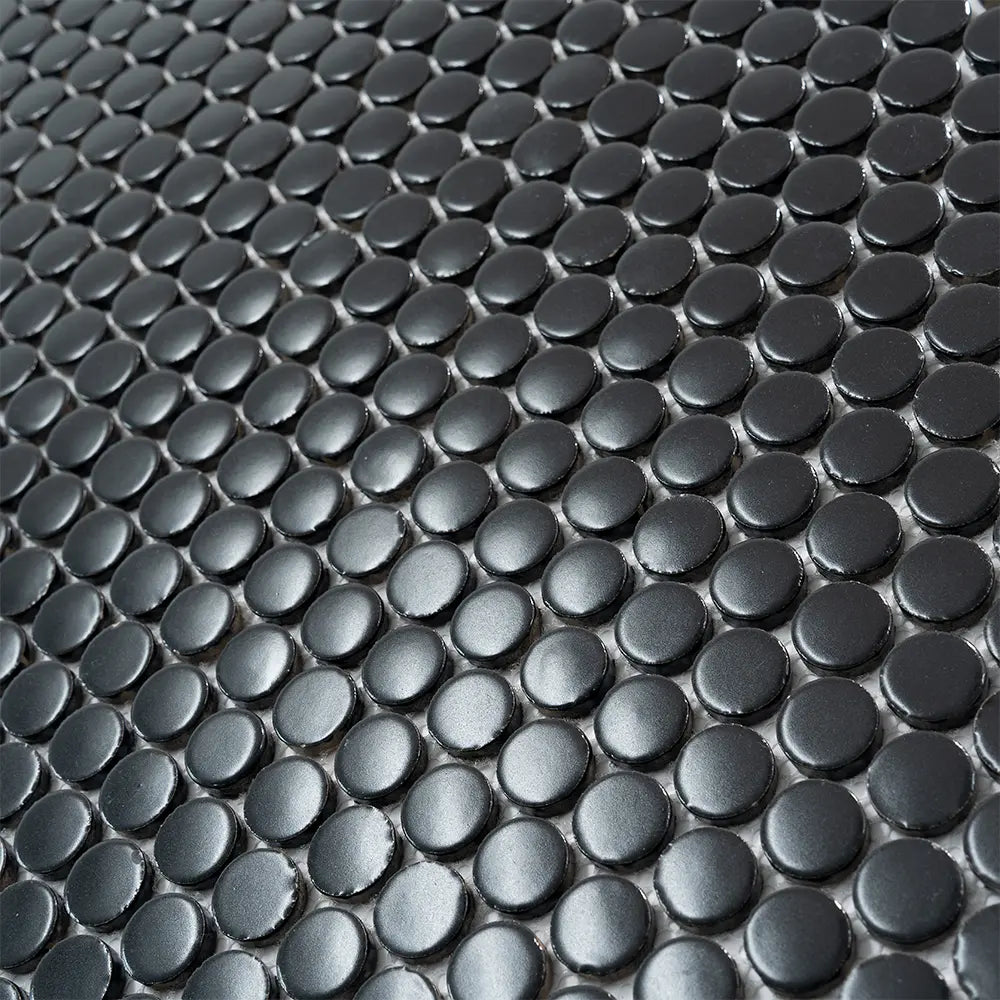 Matte Black Buttons Porcelain Penny Round Tile | Tile Club
