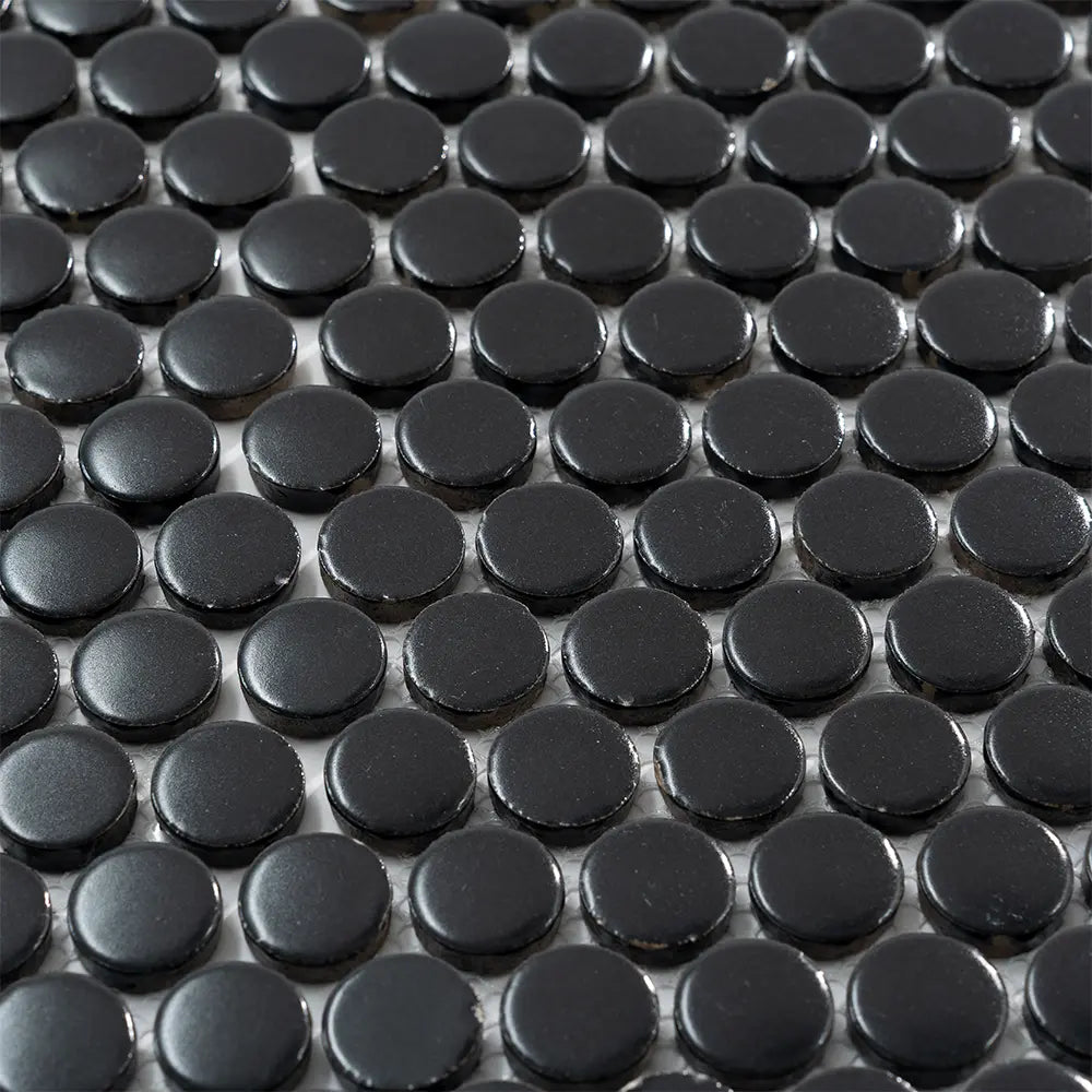 Matte Black Buttons Porcelain Penny Round Tile | Tile Club