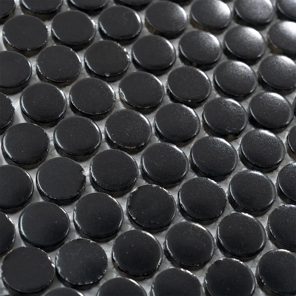 Matte Black Buttons Porcelain Penny Round Tile | Tile Club