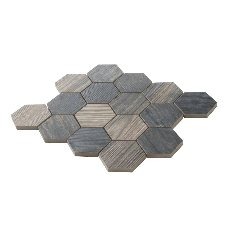 Gems Hex Fume Wood-Look Porcelain Mosaic | Tile Club