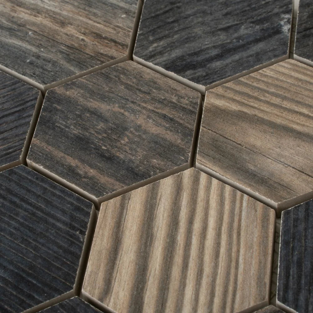 Gems Hex Fume Wood-Look Porcelain Mosaic | Tile Club