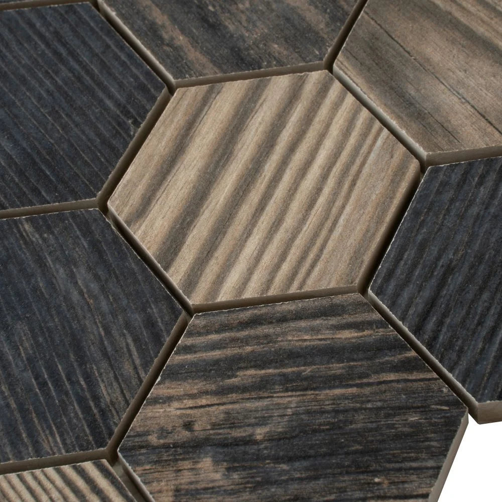 Gems Hex Fume Wood-Look Porcelain Mosaic | Tile Club