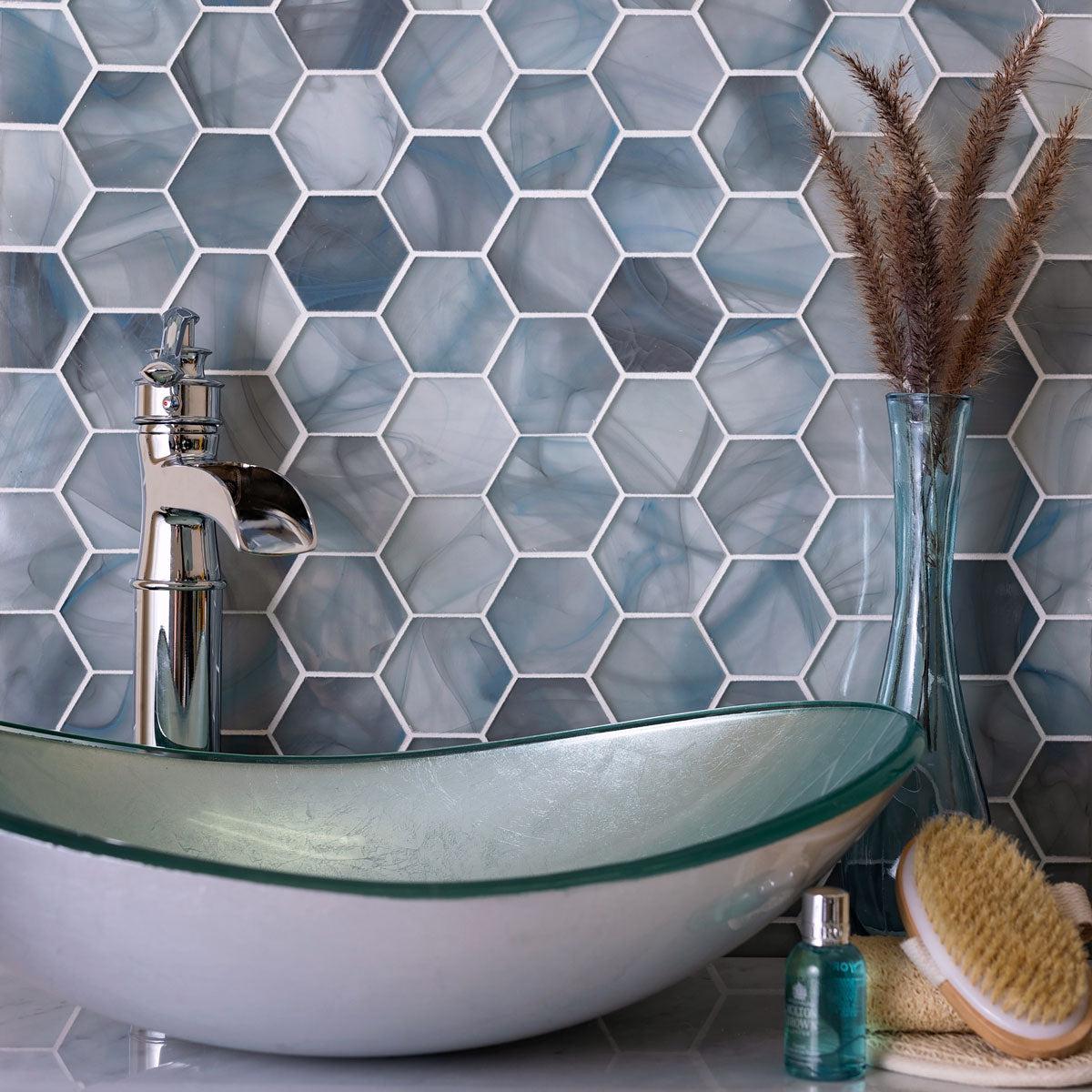 Sea Glass Hand Poured Blue Hexagon Mosaic Tile for a Coastal Bathroom